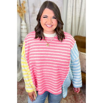 Multicolour Striped Exposed Seam Colorblock Patchwork Plus Size Sweater