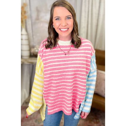 Multicolour Striped Exposed Seam Colorblock Patchwork Plus Size Sweater