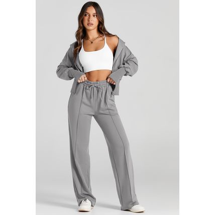 Gray Double Zipper Hooded Jacket and Sweatpants Active Set