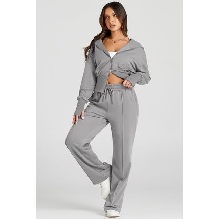 Gray Double Zipper Hooded Jacket and Sweatpants Active Set