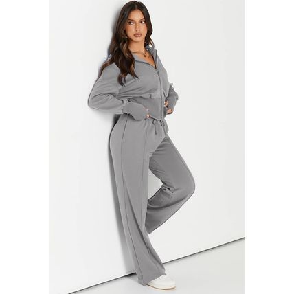 Gray Double Zipper Hooded Jacket and Sweatpants Active Set