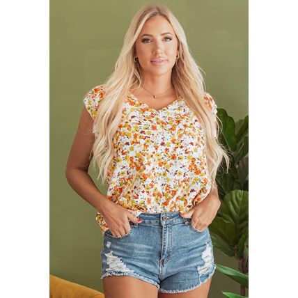Green Floral Print Ruffled Sleeveless V Neck Tank Top