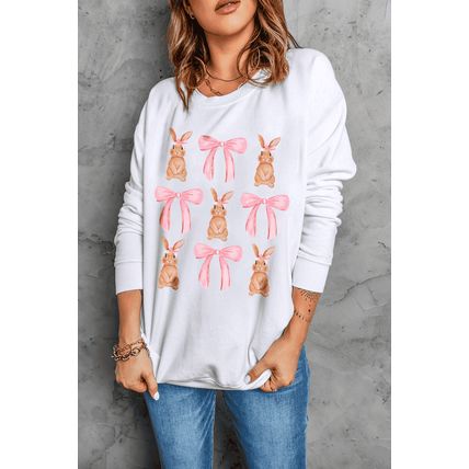 White Easter Bunny Bow Print Round Neck Pullover Sweatshirt