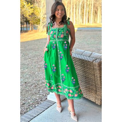 Green Floral Print Contrast Trim Knotted Straps Midi Dress