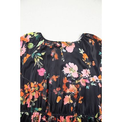 Black Plus Size Floral Print Tie Neck Cinched Waist Long Sleeve Mini Dress