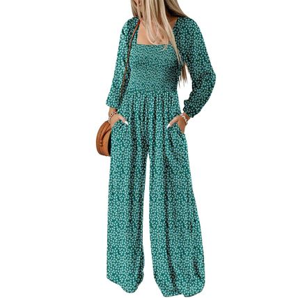 Green Floral Print Western Smocked Bodice Square Neck Wide Leg Jumpsuit