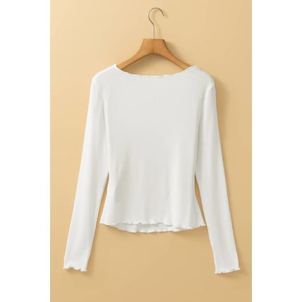 White Exposed Seam Ribbed Knit Slim Fit Long Sleeve Top