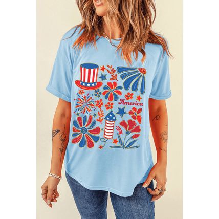 Light Blue America Floral Firework Print 4th of July T Shirt