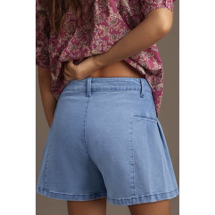 Dusk Blue Pleated Patchwork Wide Leg Lightweight Denim Shorts
