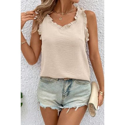 Parchment Textured Frilly Trim V Neck Sleeveless Top