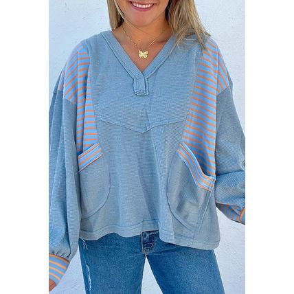 Dusk Blue Exposed Seam Waffle Striped Patchwork Baggy Pullover