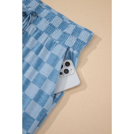 Sky Blue Checkered Elastic High Waist Loose Casual Pants