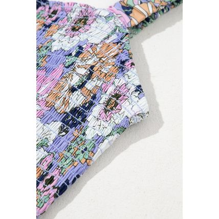 Purple Floral Print Smocked High Waist Square Neck Jumpsuit