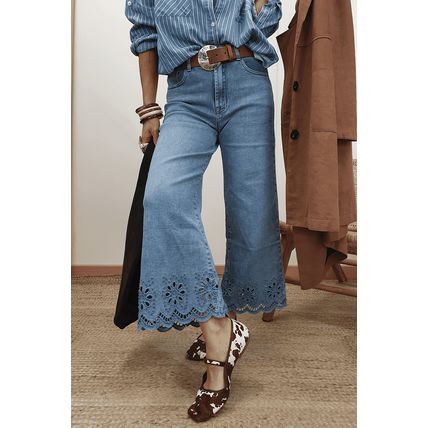 Dusk Blue Embroidered Cropped Wide Leg High Waist Jeans