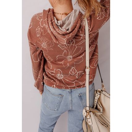 Brown Floral Twisted Rib Drawstring Kangaroo Pocket Hoodie