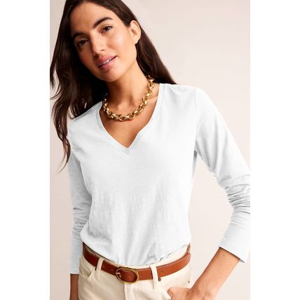 White Solid Color V Neck Long Sleeve Stretchy Top