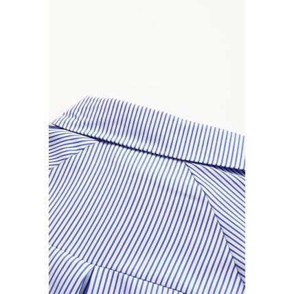 Blue Stripe Smocked Cuffed Striped Boyfriend Shirt with Pocket