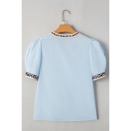 Beau Blue Sequin Baseball Set Contrast Leopard Trim Short Puff Sleeve Blouse