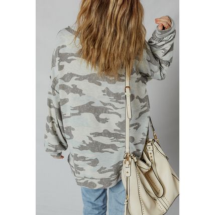 Multicolour Retro Camouflage Print Exposed Seam Patchwork Drop Shoulder Sweatshi