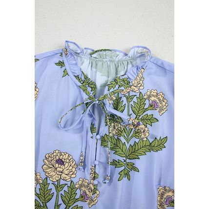 Sky Blue Floral Print Button Tie Neck Long Puff Sleeve Blouse