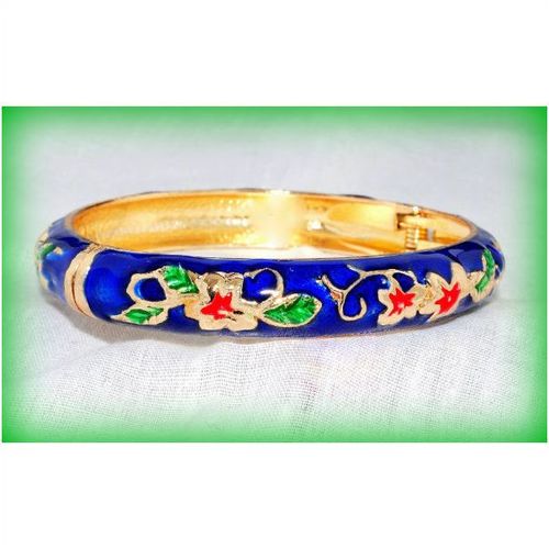 Blue Art Nouveau Style Enamel Gold Plated Hinged Bracelet Bangle Jewellery 1570