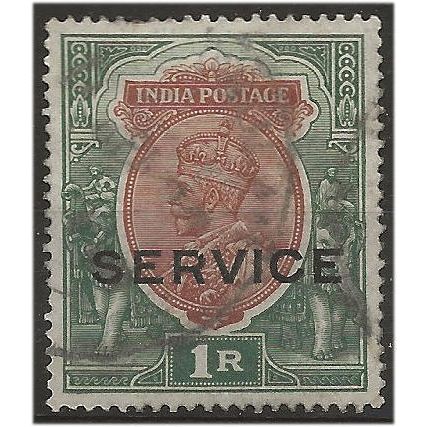 India 1913 O91 1 Rupee Red-Brown & Deep Blue-Green SERVICE Fine Used . ..
