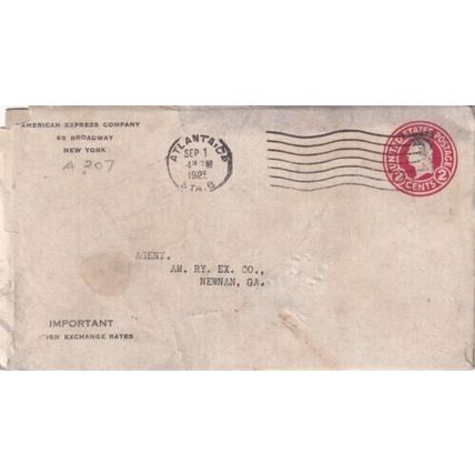 United States 1925 American Express Co NY-Newnan GA Cover Atlanta cancel typed