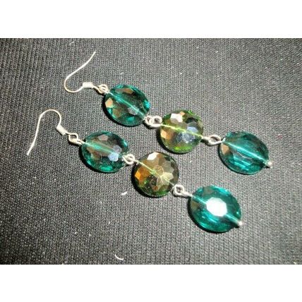 Fabulous faceted oval & round long drop green crystal glass earrings