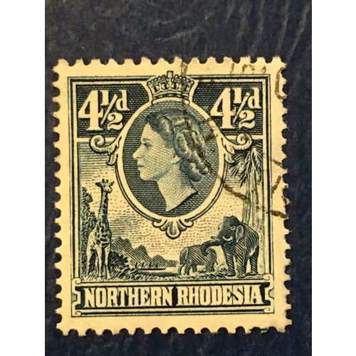 Northern Rhodesia QEII 1953 4½d Deep Blue Used SG 67 stamp giraffe elephant