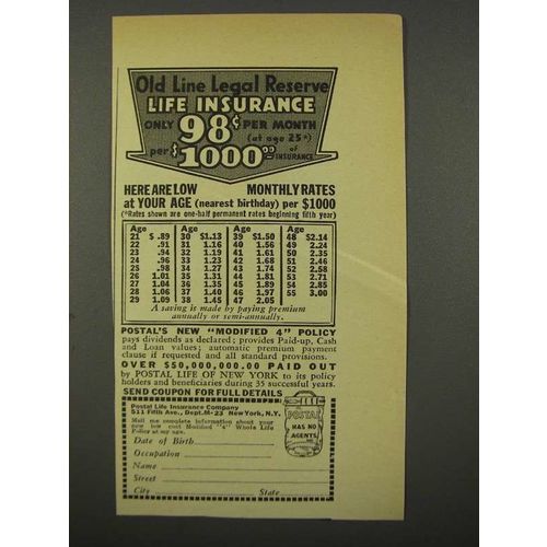 1940 Postal Life Insurance Company Ad - Legal Reserve