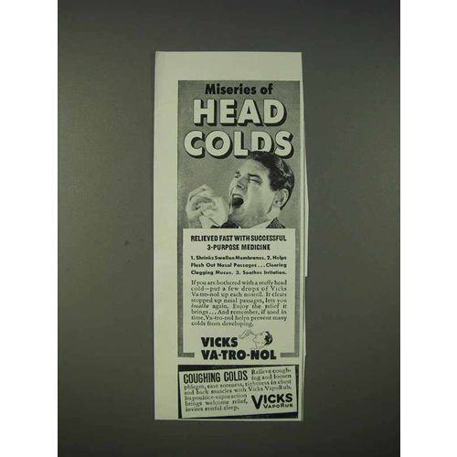 1940 Vicks Va-Tro-Nol Ad - Miseries of Head Colds