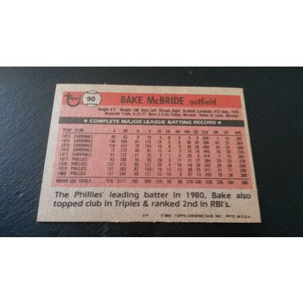 1981 Topps Card # 090 Bake McBride Very Good-Excellent (4) Philadelphia Phillies