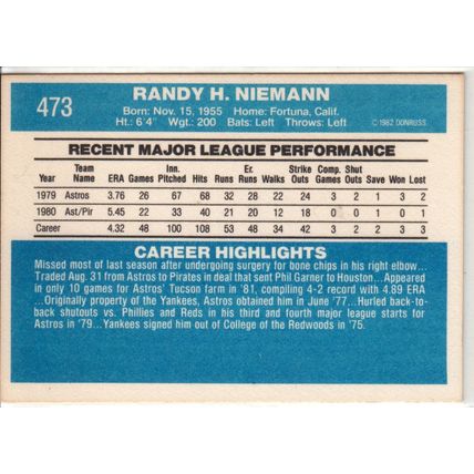 1982 Donruss baseball card 473 Randy Niemann