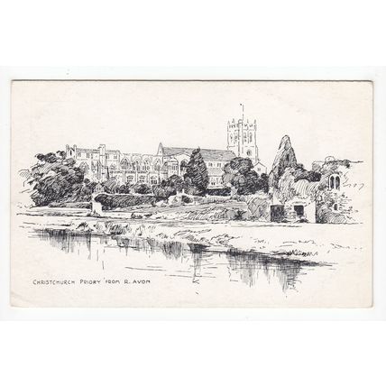 Christchurch Priory from the River Avon Dorset Sketch Postcard Art-Workers Guild