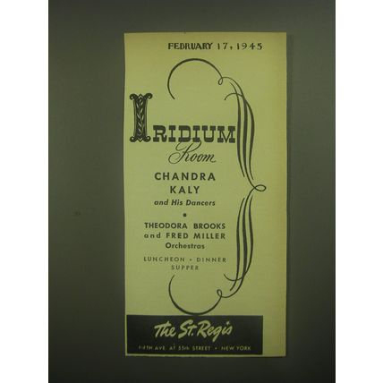1945 The St. Regis Hotel Ad - Iridium Room Chandra Kaly and his Dancers