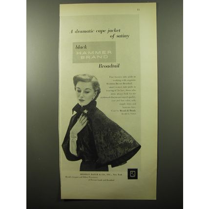 1950 Hammer Brand Broadtail Fur Ad - A dramatic cape jacket of satiny black
