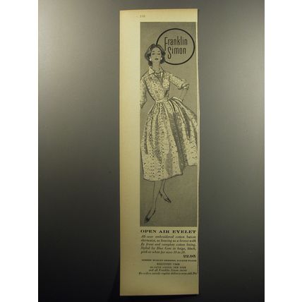 1957 Franklin Simon Blue Gem Dress Advertisement - Open air eyelet