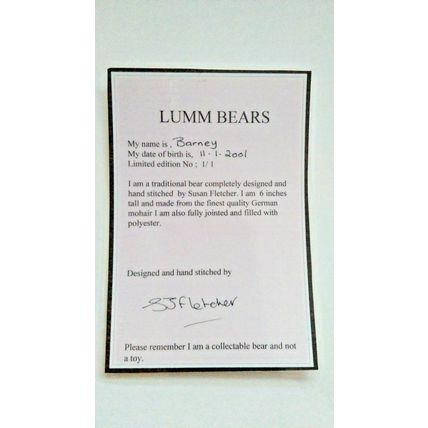 RARE COLLECTIBLE TEDDY BEAR UNIQUE LIMITED EDITION OF JUST ONE BY LUMM BEARS.