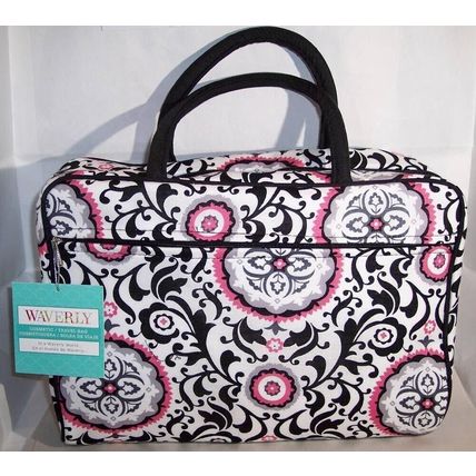 Waverly Black White Pink Cosmetic Travel Fabric Make-up Bag Purse