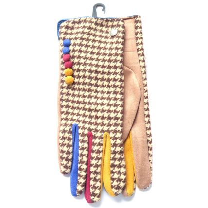 Equilibrium Ladies Gloves Houndstooth Brown & Cream Fabric Colourful Fingers