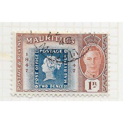 MAURITIUS 1948 KG6 STAMP CENTENARY ON 1R SHOWS 2d POST OFFICE BLUE 1847 SG269 ..