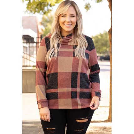 Mineral Red Plus Size Plaid Print Button Decor Asymmetric Neck Top