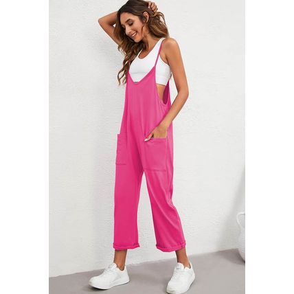 Rose Red Black Pocketed Adjustable Spaghetti Strap Straight Leg Jumpsuit