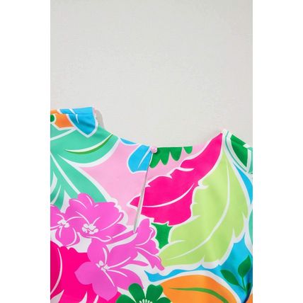 Green Multicolor Botanical Bubble Sleeve Mini Dress