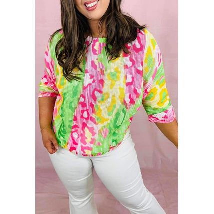 Multicolour Leopard Color Block Knitted Crewneck Plus Size T Shirt