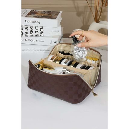 Chestnut Checkered Zipper Handle PU Leather Travel Makeup Bag