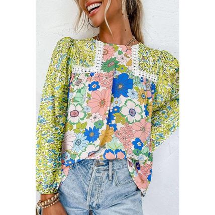 Green Mixed Floral Print Long Sleeve Blouse