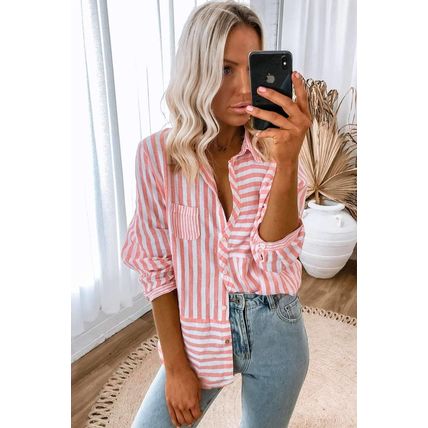 Pink Stripe Buttoned Long Sleeve Casual Shirt