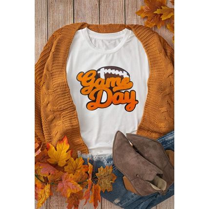 White Chenille Game Day Rugby Football Pattern Crewneck T Shirt
