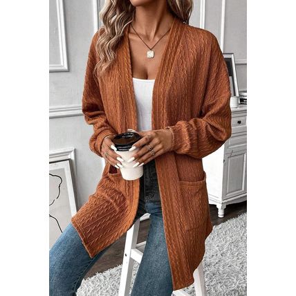 Chestnut Textured Knit Side Pockets Open Front Cardigan